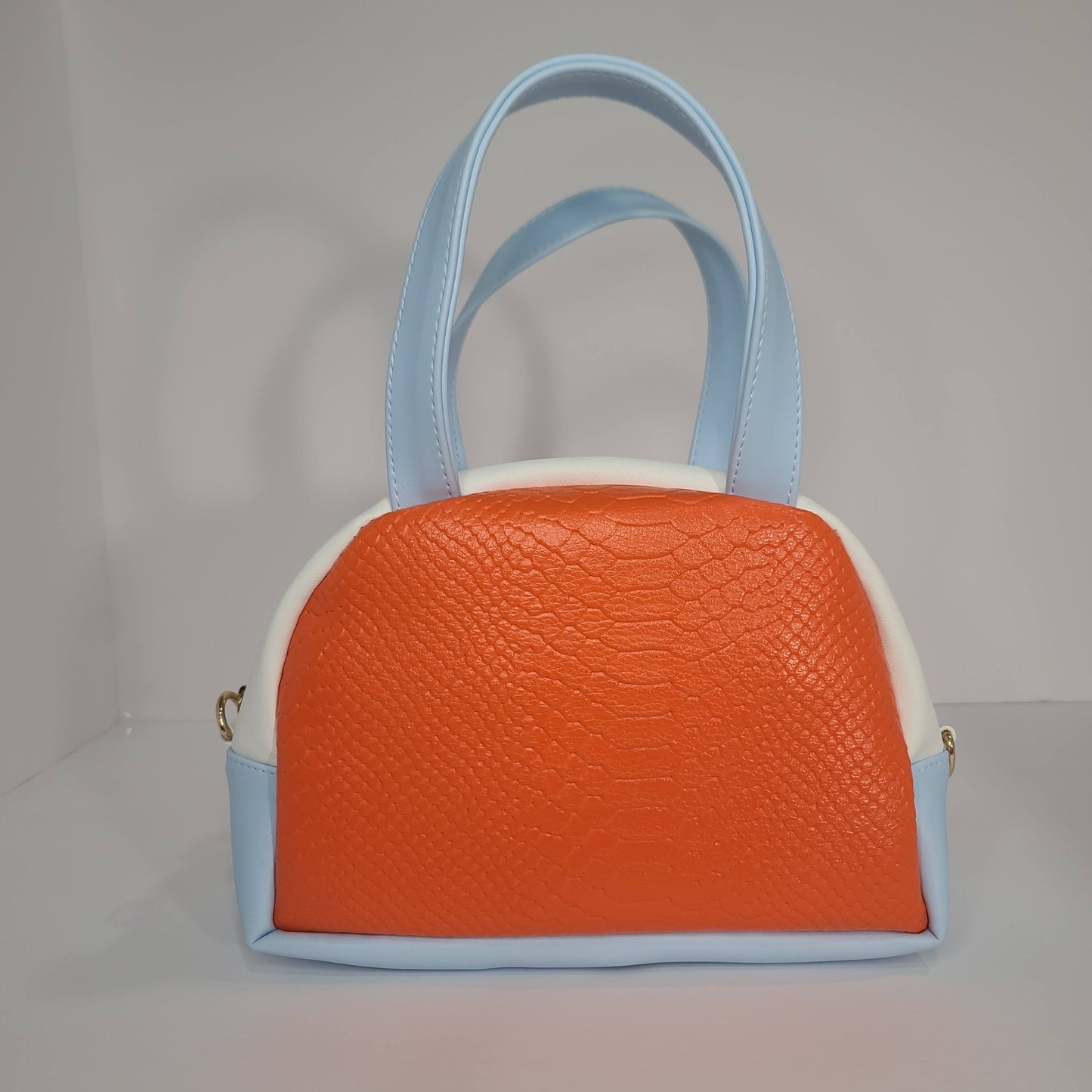 Mini Duffel Bag, Orange, Blue and White with Heart Embroidery
