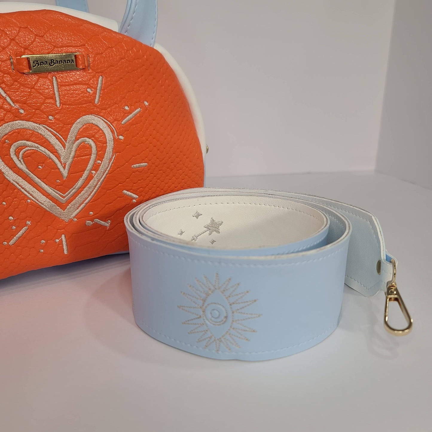 Mini Duffel Bag, Orange, Blue and White with Heart Embroidery