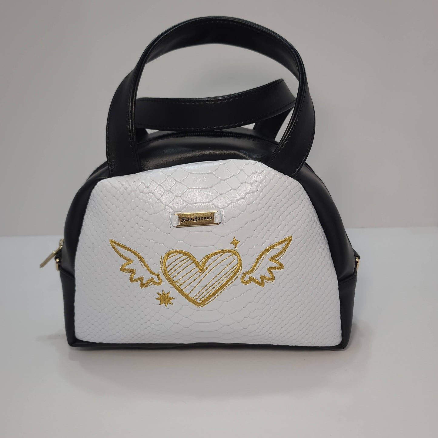 Mini Duffel Bag, Black and White with Heart Embroidery