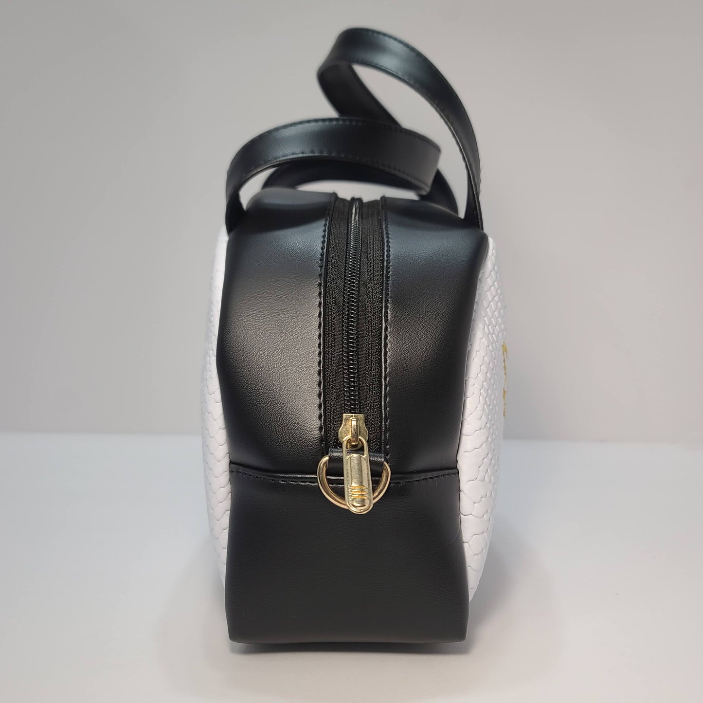 Mini Duffel Bag, Black and White with Heart Embroidery