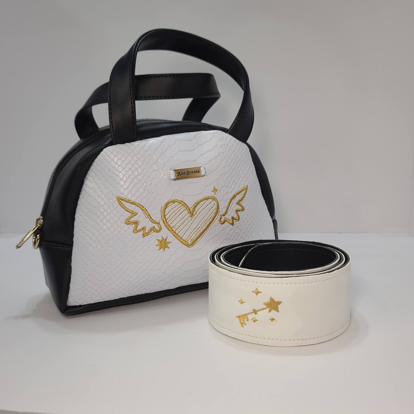 Mini Duffel Bag, Black and White with Heart Embroidery