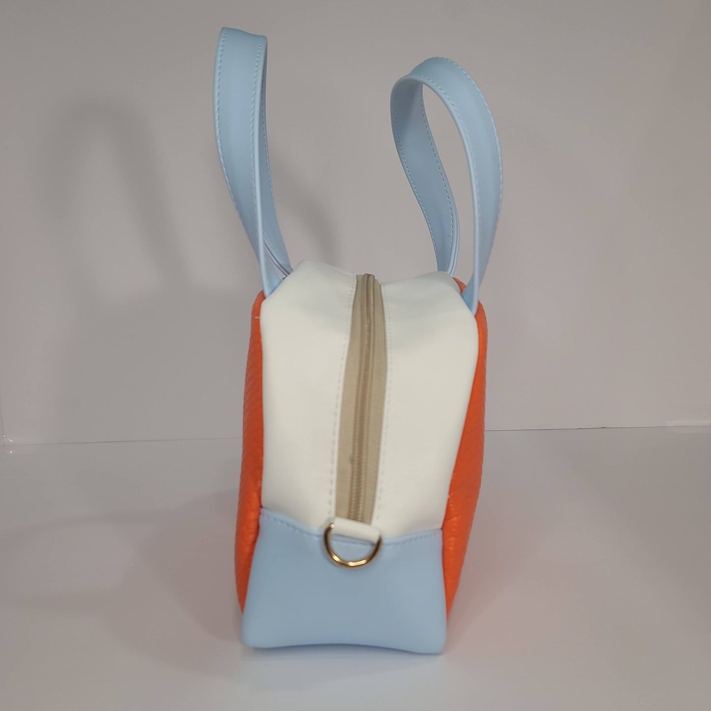 Mini Duffel Bag, Orange, Blue and White with Heart Embroidery
